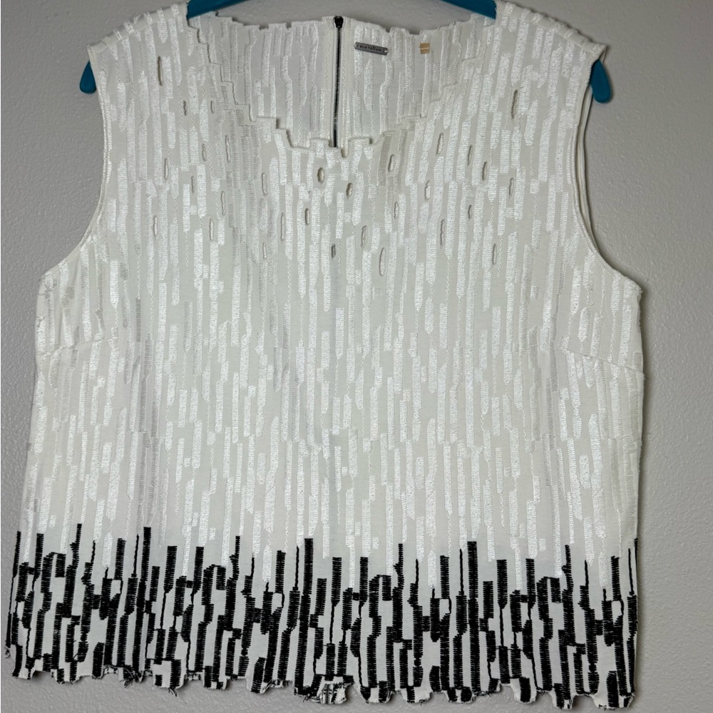 Elie Tahari White Sleeveless Sequin Camisole with Black Sequin Hem